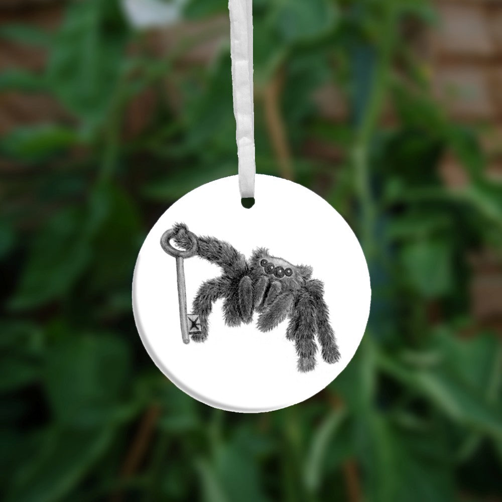 Black and white pencil drawing of a fluffy black spider using a front leg to hold a key upright. The appearance and posture is furry and friendly, and not intended to be scary.