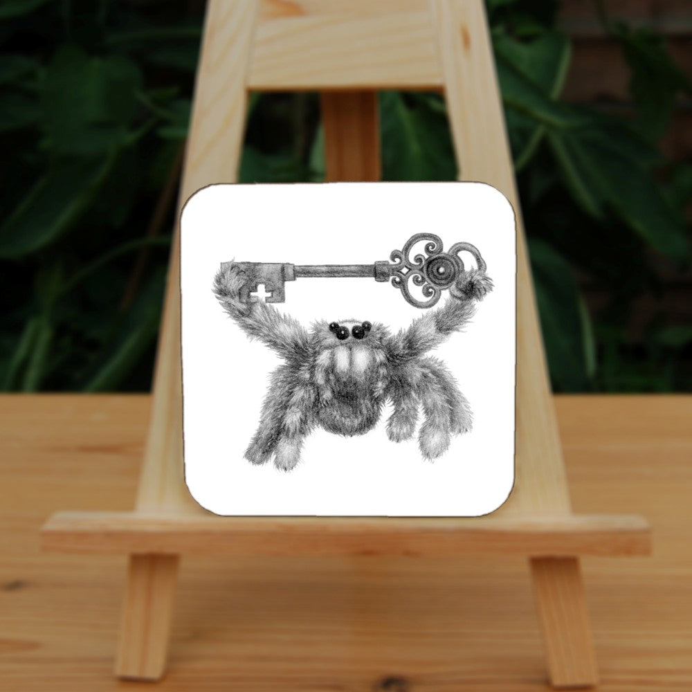 Black and white pencil drawing of a fluffy grey spider holding an ornate key above their head with their two front legs. The appearance and posture is furry and friendly, and not intended to be scary.