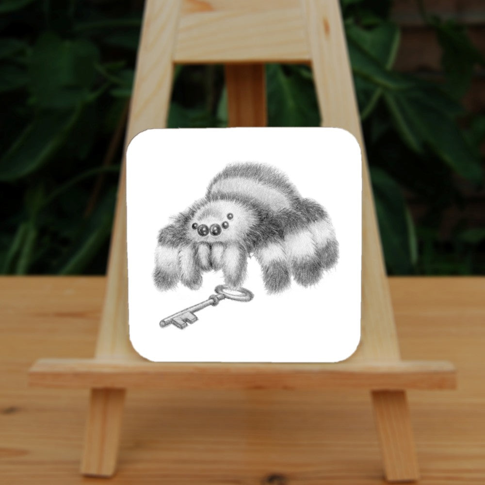 Black and white pencil drawing of a fluffy grey and white striped spider holding an ornate key with one front foot. The appearance and posture is furry and friendly, and not intended to be scary.