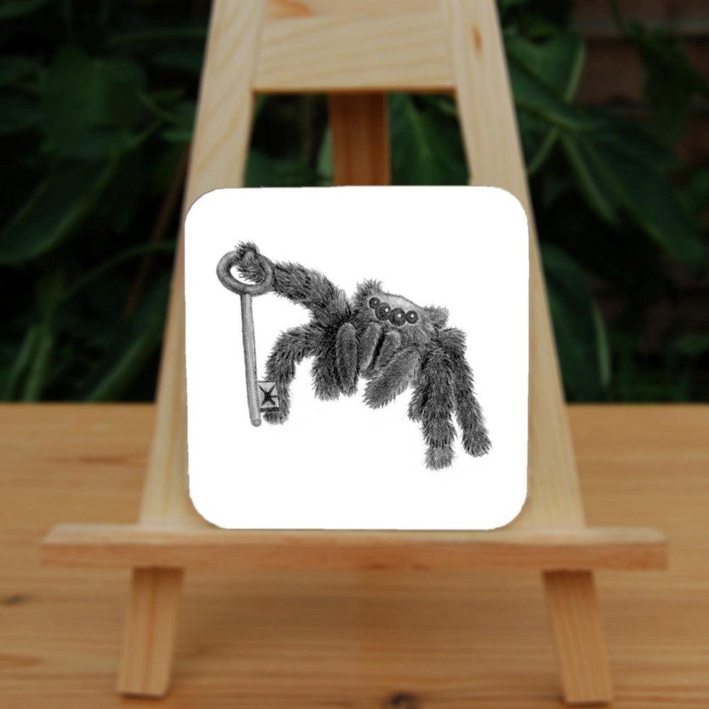 Black and white pencil drawing of a fluffy black spider using a front leg to hold a key upright. The appearance and posture is furry and friendly, and not intended to be scary.