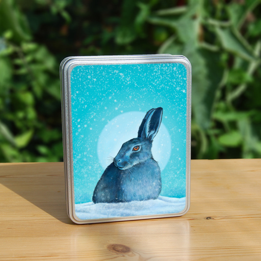 A hare crouches in snow, head turned to one side so one eye faces the viewer. Snow is falling, and a pale wintery sun shines behind. The design is coloured in shades of blue and turquoise, including the hare, which appears blue except for a deep orange eye.