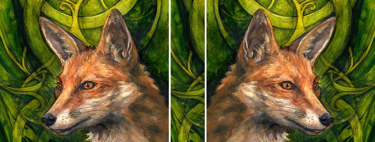 The wrap image of the mug: the design is repeated on both sides of the mug, one side reversed. A narrow column of leaves taken from the background sits between the two images.
