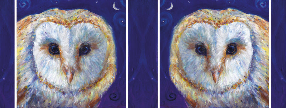The wrap design of the image. The owl design appears once on each side of the mug. One of the owls is reversed so they face each-other.