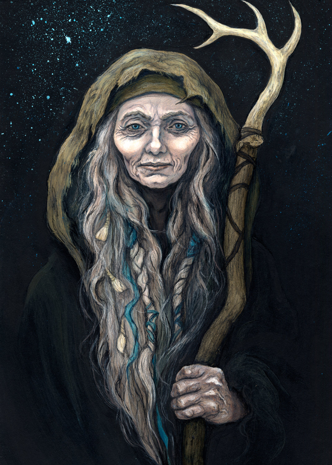 An older woman with blue eyes stands facing the viewer. Her head is covered by a brown hood, and her long grey hair, some of it braided with blue braid, falls down below her face. She holds a staff, topped with a deer antler, upright in one hand. A sea of stars shine behind her.