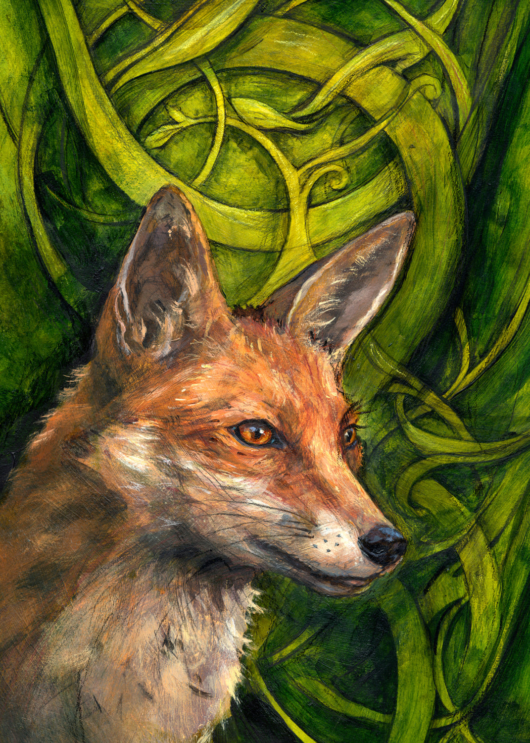 The head and neck of a red fox, their face angled towards the front right. The background consists of swirls of branches and leaves in a rich green colour.
