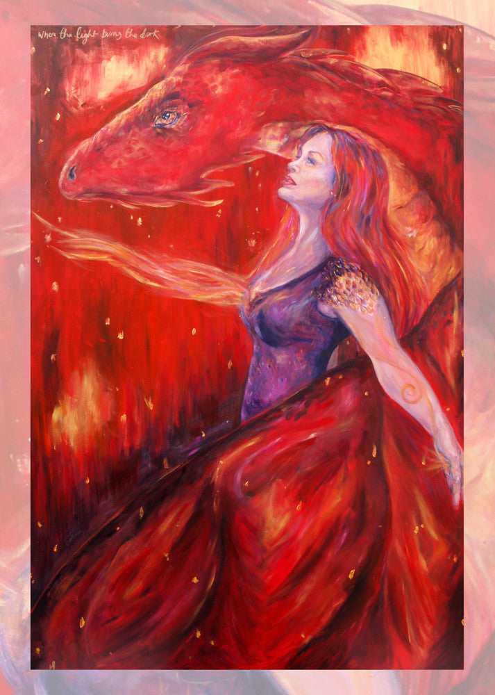 A woman with long red hair and wearing a sleeveless purple dress stands in front of a red dragon. Both look to the left. A wing wraps around one side, with the head on the other. A stream of fire is emitting from the location of the woman's heart. The overall design colour is red.