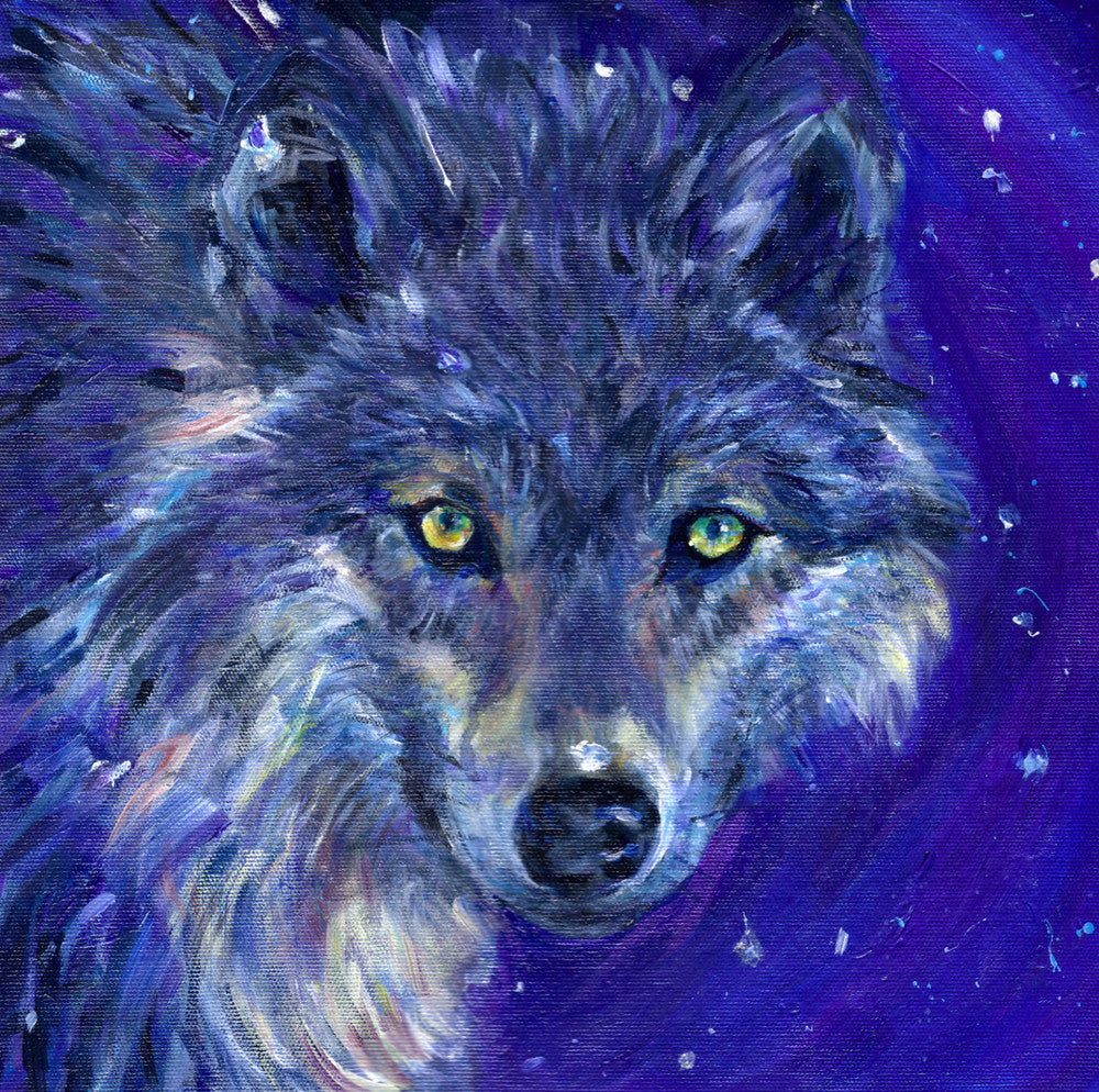 The head of a wolf, looking directly at the viewer. The overall colour of both the wolf and the background are shades of blue, with the exception of yellow/green eyes and flashes of paler fur around the neck.
