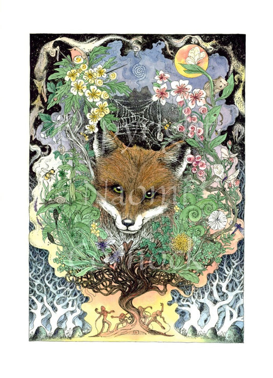 The head of a red fox looks towards the viewer. He's surrounded by a mass of leaves and flowers which rise out from a twisted tree trunk and tangled branches. Figures dance around the base of the tree.