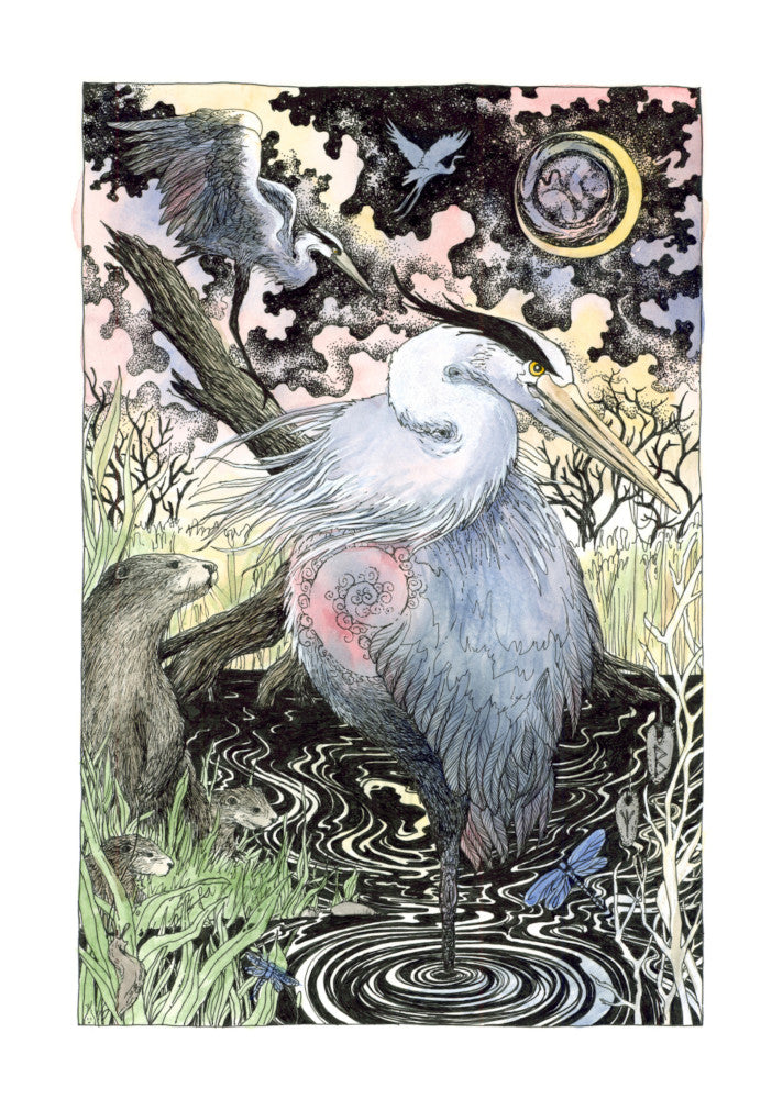 A large grey and white heron stands on one leg in water near the bank of a river. To the left, a grassy bank reveals otters, a slug and blue damselfly. Another damselfly hovers nearby. Runes (Berkana and Algiz) dangle from the heron's beak. The river extends behind the scene, with grassland and trees beyond. In the background, a heron lands on a tilted, broken tree trunk, and another flies silhouetted against the sky. An unborn human baby lies curled up within the sun.