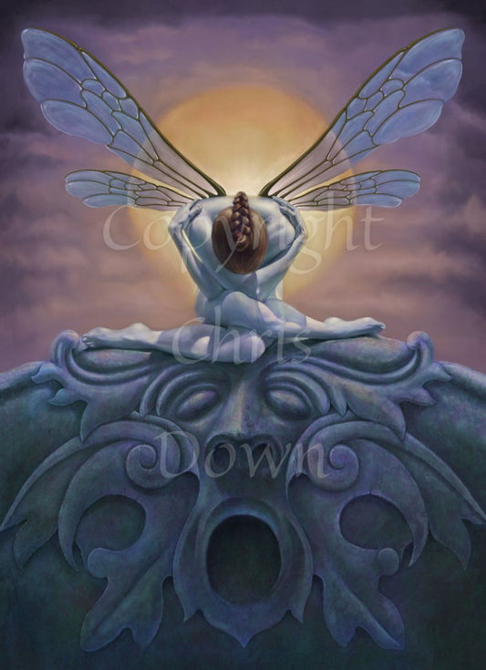A naked fairy sits folded forward, with her head down towards the viewer, arms wrapped around her shoulders, and legs folded across one-another and out to the left and right. No intimate parts can be seen. She has red hair held back in a plait, and delicate dragonfly wings, held open. Behind her, a sunrise appears in front of purple clouds. She is sitting on an ornamental stone head with sculpted facial features which look like its eyes are closed but it mouth is open.