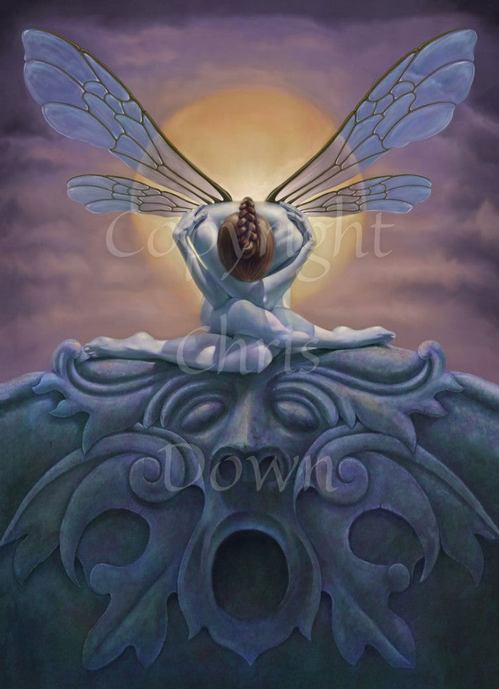 A naked fairy sits folded forward, with her head down towards the viewer, arms wrapped around her shoulders, and legs folded across one-another and out to the left and right. No intimate parts can be seen. She has red hair held back in a plait, and delicate dragonfly wings, held open. Behind her, a sunrise appears in front of purple clouds. She is sitting on an ornamental stone head with sculpted facial features which look like its eyes are closed but it mouth is open.