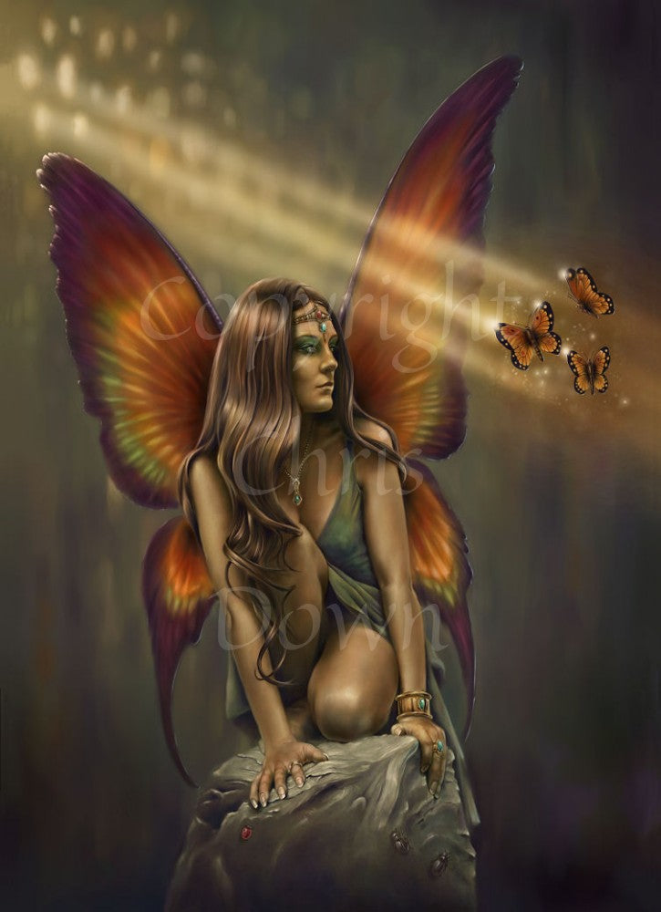 Painting of a fairy with long brown hair and wearing a green dress, crouched on a rock. The fairy has dark rainbow-coloured, butterfly shaped wings, and is looking sideways at three butterflies flying next to her.
