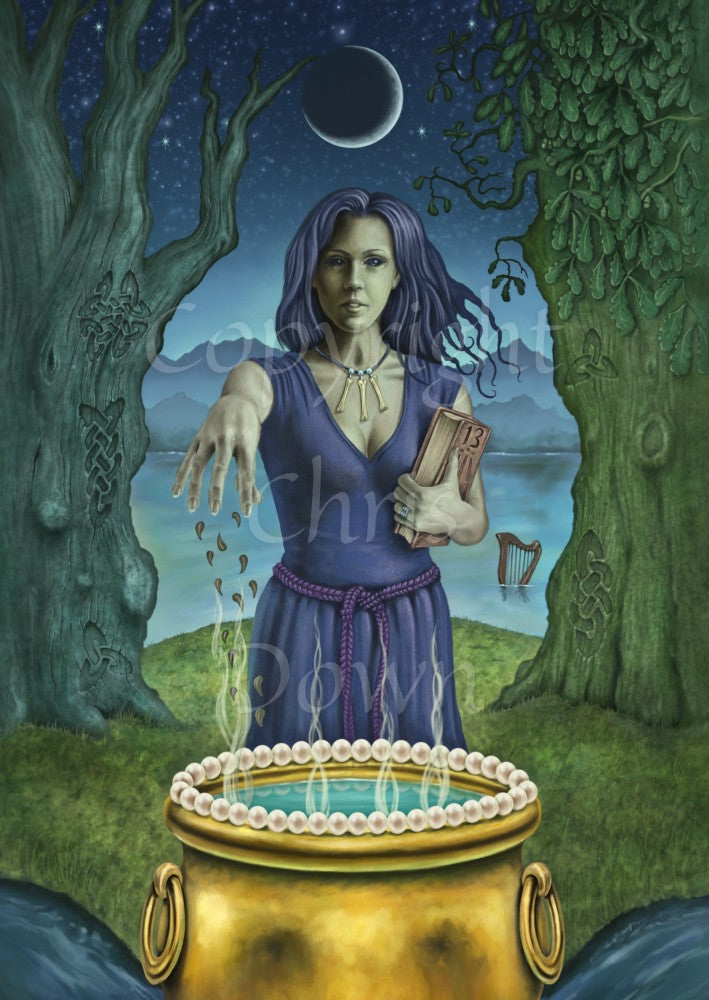 A woman with dark hair and wearing a blue dress with purple woven belt, and a necklace of three bones, stands behind a gold cauldron, her arm outstretched as she drops something into it. She looks towards the viewer. In her other arm she holds a book with '13' written on it. She stands between two trees, one an oak, the other unknown, on a small island of grass with water all around. Behind her, a harp floats in the water. A crescent moon rises above her. Mountains can be seen in the far background.