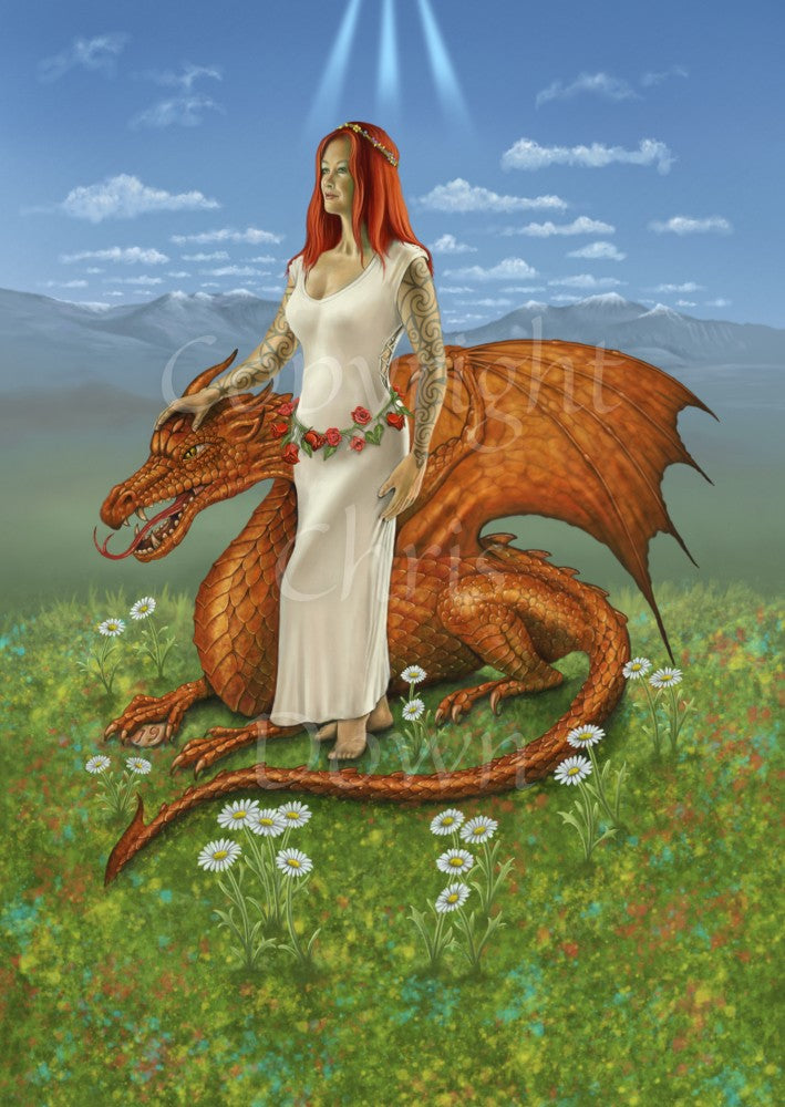 A woman with long red hair and wearing a white dress with roses around her waist stands barefoot, facing to the left. Her right hand rests on the head of a red-gold coloured dragon crouched on the floor next to her, looking in the same direction. They stand on grass, with flowers all around them. Mountains can be seen in the distance, and the sky is blue with a few clouds. The Awen symbol shines down from above them.