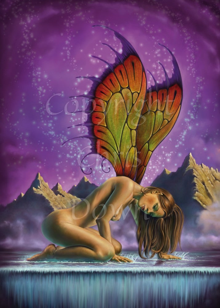 A naked woman - or fairy - kneeling and facing towards the right, is at the top of a waterfall, her head bowed towards the water. Out of her back rise a pair of wings in shades of green and red, and with feathered dark edges. Mountains can be seen in the distance, and a purple starlit sky above.