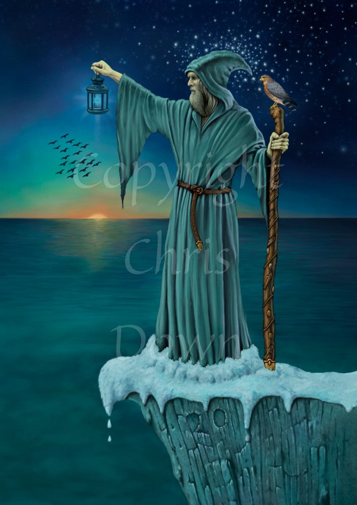 A man in a long teal robe with pointed hood and sleeves and a brown leather belt stands in snow on a cliff edge. He faces to the left and out to sea. In his right hand he holds a lantern, the light within shaped like a six-pointed star. In his left hand he holds a wooden staff, with a bird perched on top. It's dusk or dawn, the sun can be seen just rising - or falling - on the horizon, creating an orange glow in the sky. A flock of birds fly to the left. Stars shine in the sky behind him.