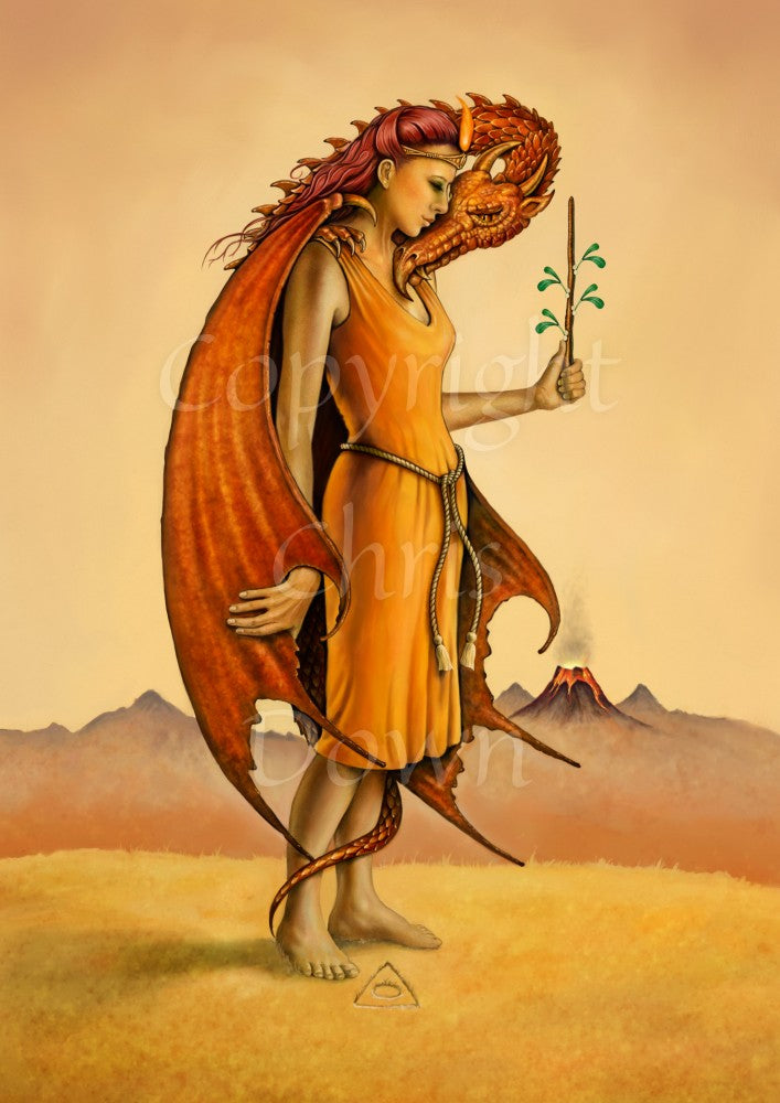 A woman in an orange dress and holding a wand upright in her left hand, faces to the right. Wrapped around her body with its head under her chin, is a deep orange dragon. She holds the edge of the dragon's wing in her right hand. In the distance, a volcano erupts. Colours are yellows and oranges.