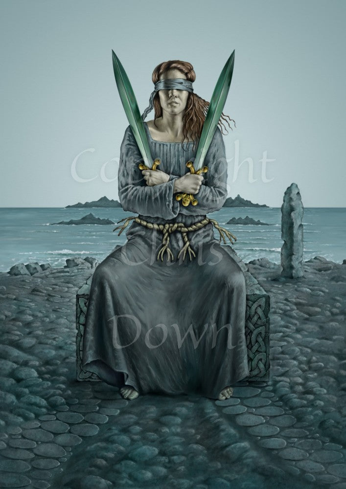 A blindfolded woman in a long grey dress and barefoot sits on a block of stone. Her arms are crossed in front of her, and in each hand she holds a sword upright. The ground around her is covered in grey cobbles, and leads to the sea, where rocky outcrops can be seen protruding. To the right is a standing stone. The sky is a plain grey-blue.