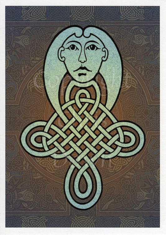 A pale blue four-corned Celtic knot with a simple human head design above. Part of the knot opens out to form hair for the head. The background is a blue and brown faded complex Celtic design.