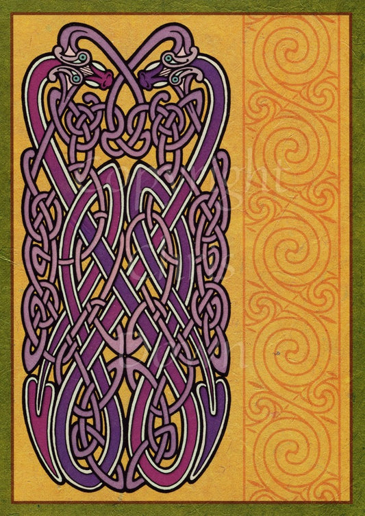 A complex Celtic design comprising two intertwined Celtic-style serpents, heads facing upwards. A ribbon of Celtic knotwork runs vertically to the right. The background is dark beige with a dark green border. Main design colours are deep pinks and purples.