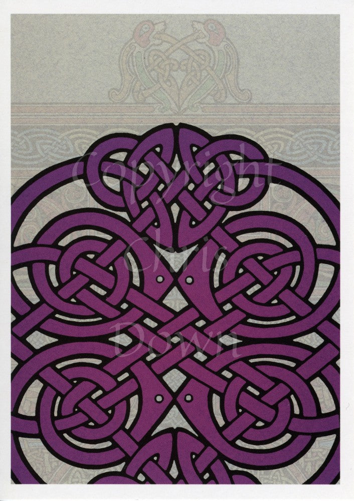 Design showing just the top two thirds, minus the left and right edges, of a purple Celtic knotwork design. The background is a faded pattern of two Celtic birds sitting on knotwork.