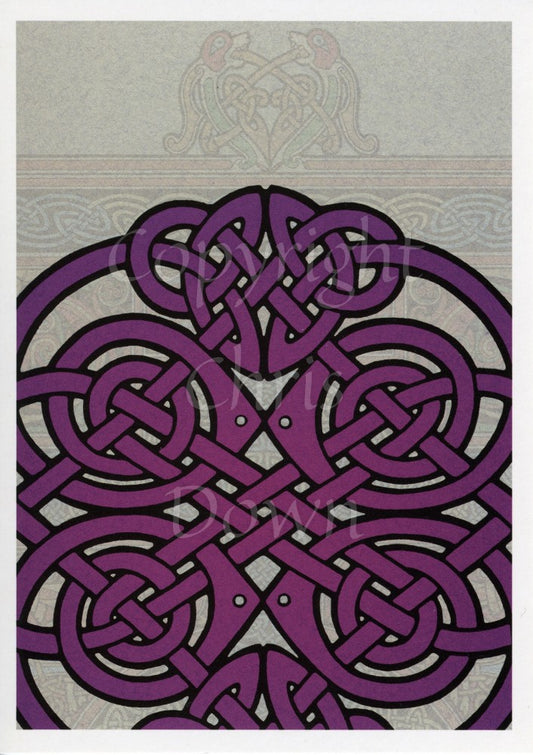 Design showing just the top two thirds, minus the left and right edges, of a purple Celtic knotwork design. The background is a faded pattern of two Celtic birds sitting on knotwork.