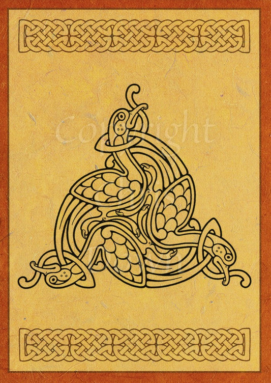 Three Celtic birds entwined in a circle, heads protruding to create an almost triangular shape. There's also a simple horizontal Celtic knot design across the top and bottom. The background dark beige with an orange border. the Celtic design is black.