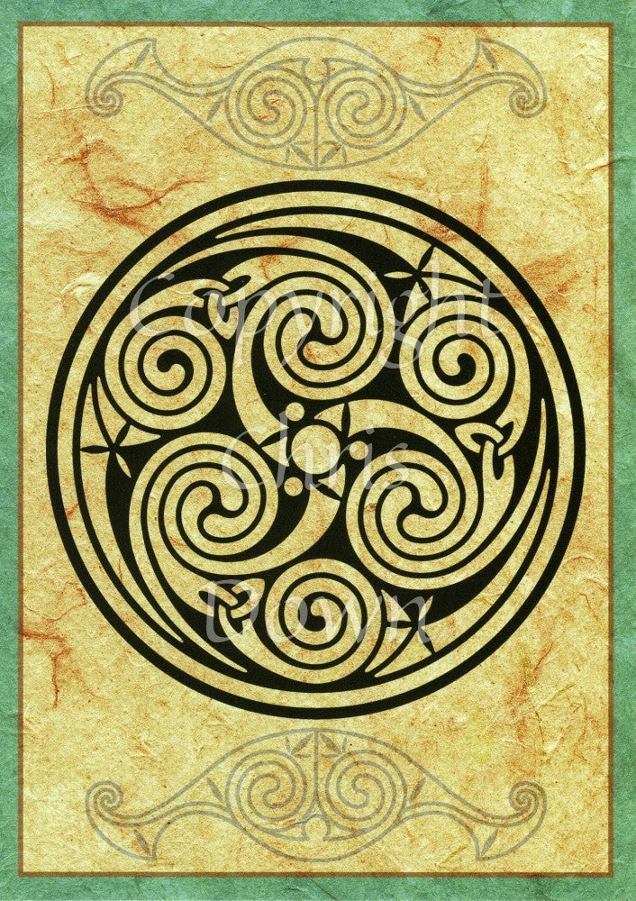 A series of Celtic spirals enclosed in a circle. There are two further Celtic shapes above and below the main circle. The background is a beige pattern, with a green border. the Celtic design is black.