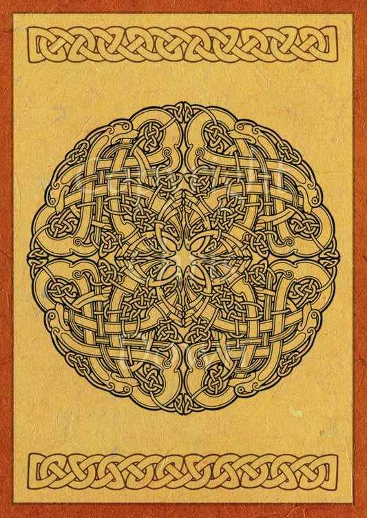 A circular Celtic knotwork design featuring eight dogs. The background is dark beige, with an deep orange border. The knotwork is black.