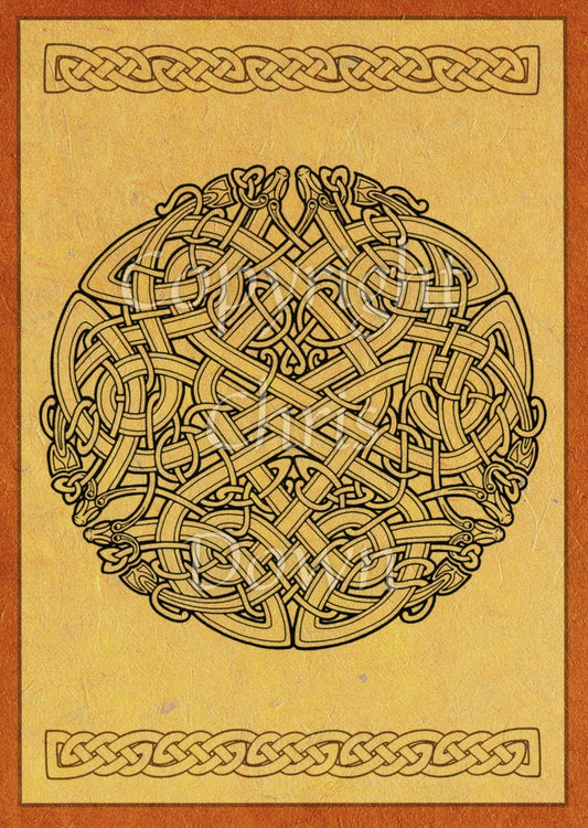 A circular Celtic outline design featuring six serpents, two facing upwards, then two at the lower left and right. Colours are mostly dark beige and black. There's also a dark orange border, and a simple horizontal Celtic knot design across the top and bottom.