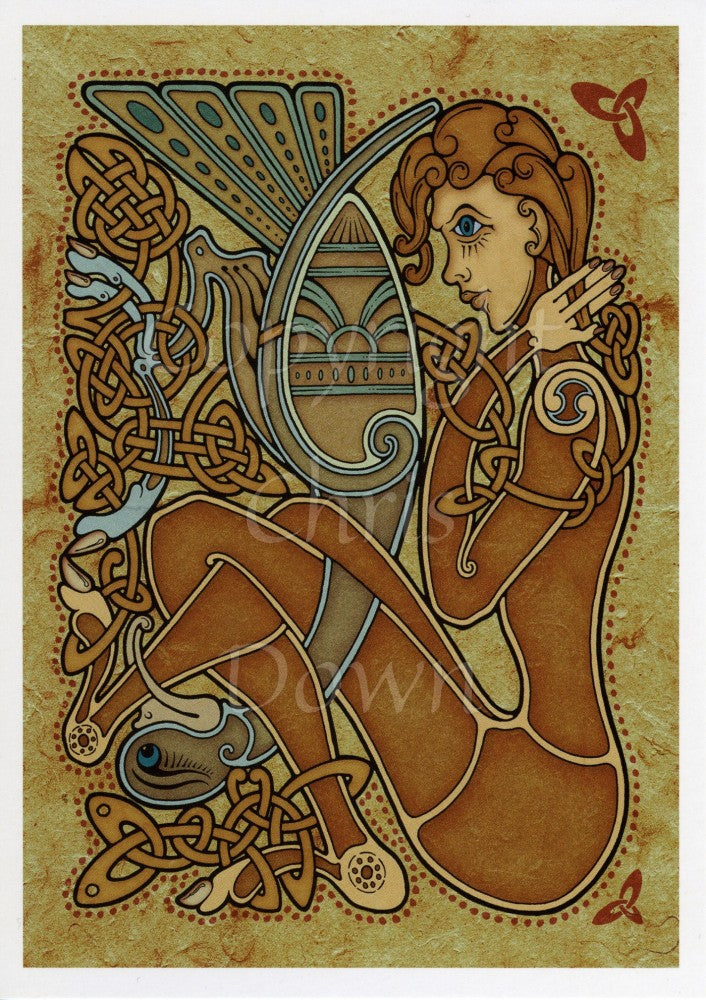 A woman drawn in Celtic style dominates the design. She is seated on the ground, knees up and legs crossed, facing to the left. In front of her, upside down, its neck entwined through her legs with its head downwards, is a brown and blue bird. Colours are browns and blues.