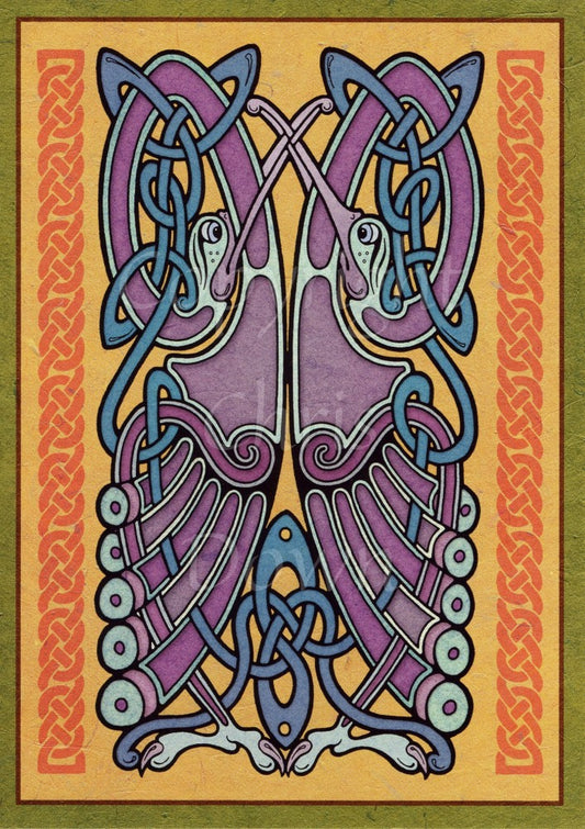 A complex Celtic design comprising two intertwined Celtic-style birds, heads facing upwards, wings and feet towards the bottom. Ribbons of Celtic knotwork run vertically to the sides. The background is dark beige with a dark green border. Main design colours are blue, deep pinks and purple.