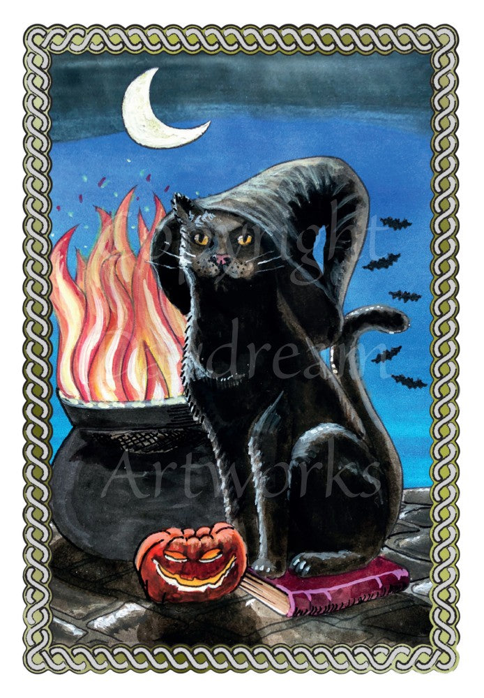 A black cat sits on a book, facing the viewer. He's wearing a black witch's hat which curves down over his back, nearly meeting his up-curled tail. Flames rise from a cauldron behind him, and a smiling Halloween pumpkin sits at his feet. A crescent moon glows from a deep blue sky, and bats can be seen flitting around in the distance.  A twisted rope border surrounds the design.