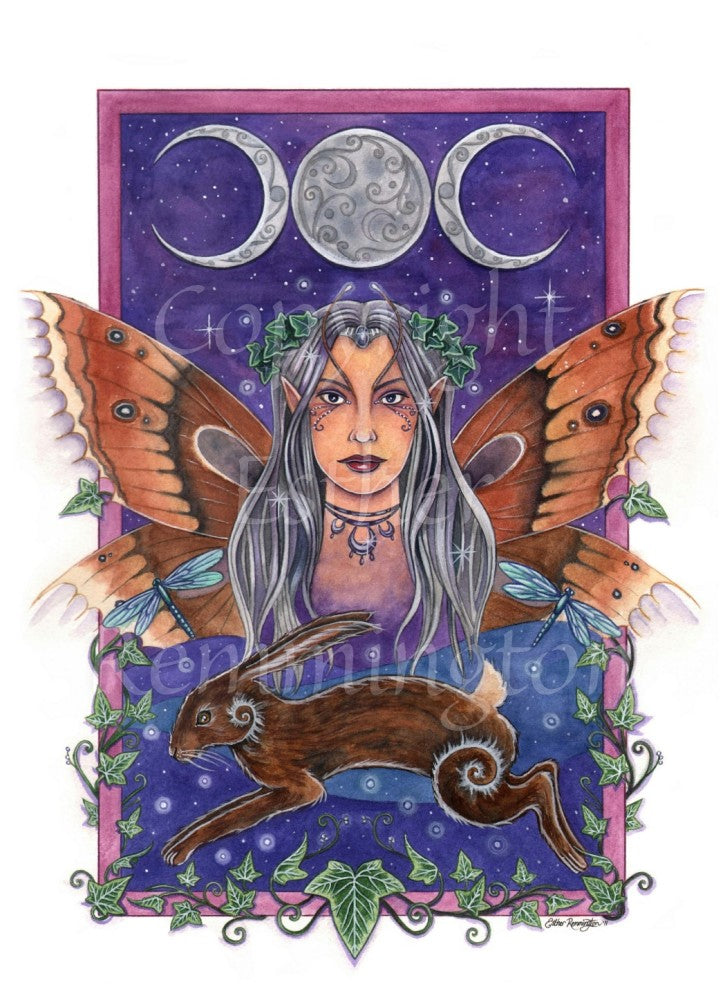 A rectangular design with a deep pink border. At the top, a silver triple moon against a purple sky. In the centre, the head, shoulders and wings of a fairy. She has long silver hair with ivy leaves woven into it, and brown butterfly wings, with a blue damselfly either side on the lower wings. At the bottom of the design, a brown hare runs to the left, and there's ivy around the pink border.