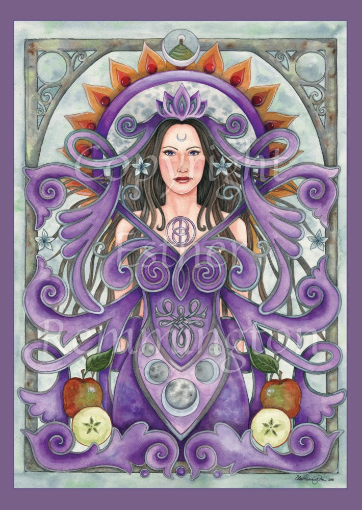 A woman stands in the middle of the design. Her purple dress forms part of a complex set of lines and swirls which take up most of the design. There's a triple moon on the lower part of her dress, and apples either side of her hips. On her head is a lotus design, with a Vesica Pisces above her breast. An arch of flames runs over and to either side of her head, with a small image of Glastonbury Tor at the top.