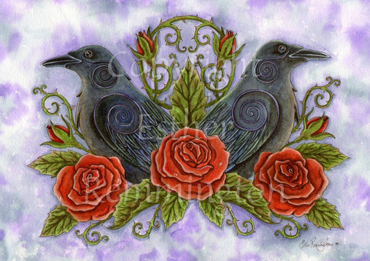 A symmetrical illustration of two ravens facing to the left and right, and away from each other. Below them on the left, middle and right, are three red roses surrounded by leaves. To the left and right, and above, two rose buds are surrounded by prickly curled stems.
