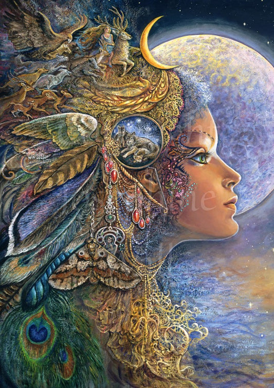 A colourful image of a young woman facing to the right with a full moon shining behind her. She wears an intricate living head-dress which inclues birds of prey, deer, wolves, moths and other animals, feathers, and a woman riding a stag.
