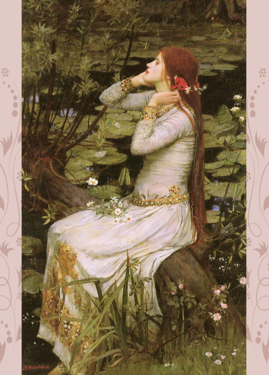 A woman with long red hair sits on the horizontal trunk of a tree which leans out over a river. She is wearing a long white dress with gold-coloured embroidery and belt. There are daisies in her lap. Her hands reach to either side of her head. Beyond, the river is covered in lily pads.