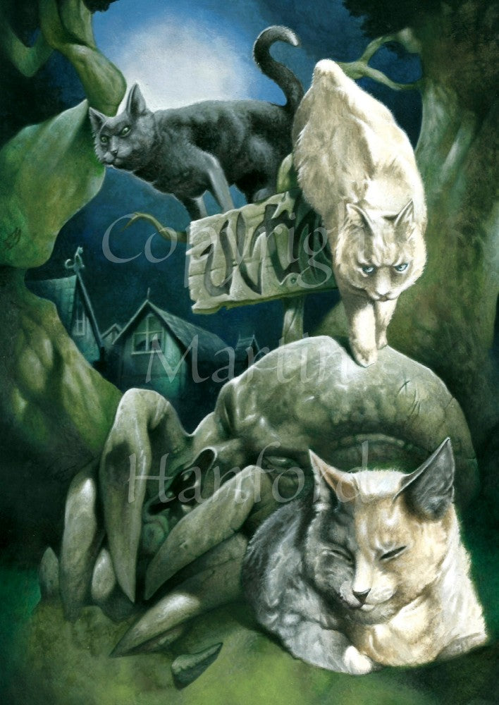 The design contains three cats: one grey and white sitting at the bottom, eyes closed, in 'loaf' formation (all feet curled under). He sits against a rock shaped like a grotesque head with four large mandibles. A white cat steps down onto the rock from a partially-obscured rustic sign which reads "Ulthar". A black cat stands on top of the sign, looking at something off the design canvas. Tree trunks rise either side, and a large creepy house can be seen behind.
