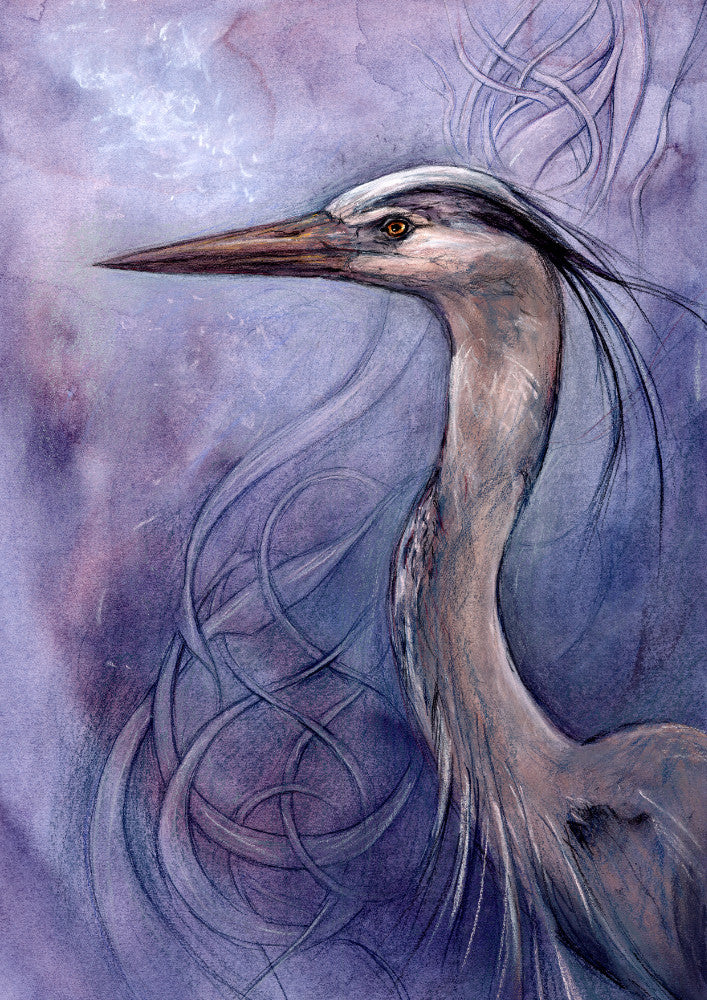 A sideways view of the head and neck of a heron. The background is a mottled purple with a swirl pattern.
