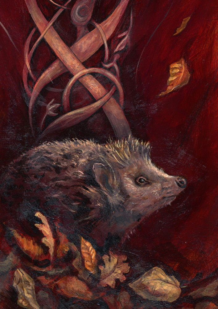 A hedgehog shuffles through crisp brown autumn leaves lying on the ground. Woven branches rise upwards, and a leaf falls towards the ground. Colours are browns and reds.