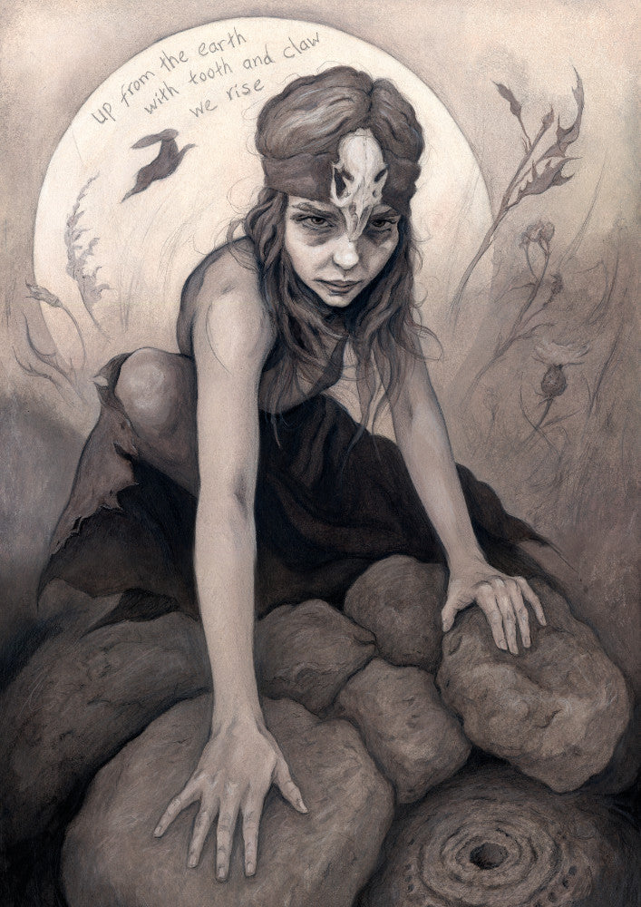 A young woman crouches on a pile of stones, her hands resting on stones in front of her. In front of the stones, a little lower down, is a stone with a round hole in it surrounded by a circular pattern. The woman wears a headband with a raven skull attached to the front. A full moon rises behind her, and a silhouette of a hare leaps in front of it. An inscription over the moon reads: Up from the earth with tooth and claw we rise. Stems and flowers fill the rest of the scene.