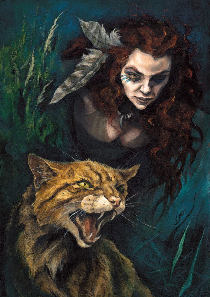 The head and chest of a woman with long red hair decorated with two feathers, and with lines of blue paint extending away from her eyes, looms into the picture above the head and body of a snarling brown striped cat. The background is teal and green vegetation.