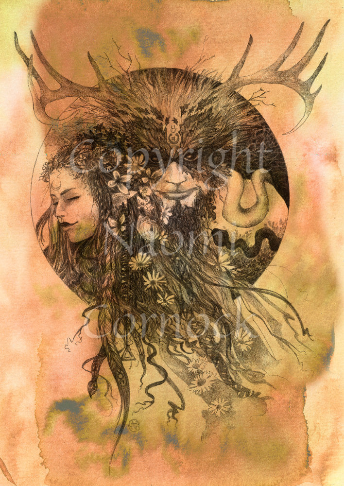 A pencil drawing. The head and shoulder of a man wearing a mask of leaves and with antlers above, sits central next to the head of a young woman, eyes closed, facing left. Her braided hair, with flowers woven into her braids, flows down the design. Snakes appear around the shoulder of the man. The design is colour-washed in orange.