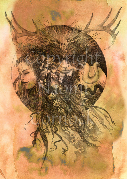 A pencil drawing. The head and shoulder of a man wearing a mask of leaves and with antlers above, sits central next to the head of a young woman, eyes closed, facing left. Her braided hair, with flowers woven into her braids, flows down the design. Snakes appear around the shoulder of the man. The design is colour-washed in orange.