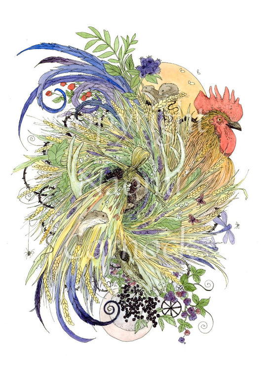 A cockerel with swirling blue, green and yellow/orange feathers, also incorporating leaves and wheat ears. Mice nibble on the ears, and butterflies and dragonflies flutter and swoop around. At the bottom, a crescent moon peeks from behind sprigs of berries. A yellow sun appears behind the head of the cockerel. A corn dolly is formed in the centre of the swirl of feathers, and a mouse sits in its skirt.