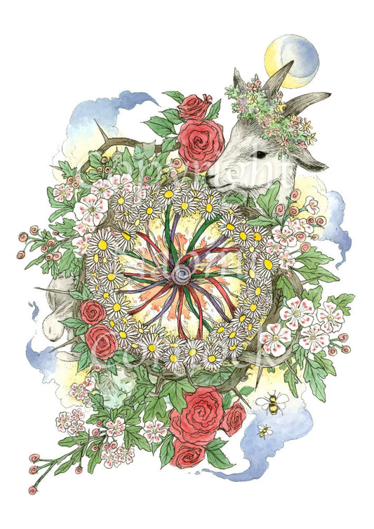 A circle of daisies surrounds a maypole, seen from above, with red, green and blue/grey streamers splaying out from the centre. The daisies are surrounded by red roses and red and white flowers. Bees fly beneath, and the head of a goat wearing a garland of flowers appears near the top, a crescent moon behind. A yellow glow and wispy clouds appear from behind the design.