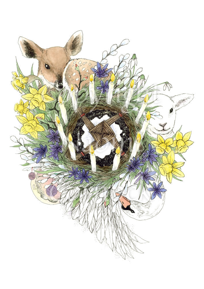 Brigid's cross is woven into a wreath of brown and green stems. The green stems spread outwards, ending in daffodils, snowdrops and other white and blue flowers. Lit white candles stand in a circle around the wreath. A fawn sits at the top, a lamb to the right, and a swan underneath.