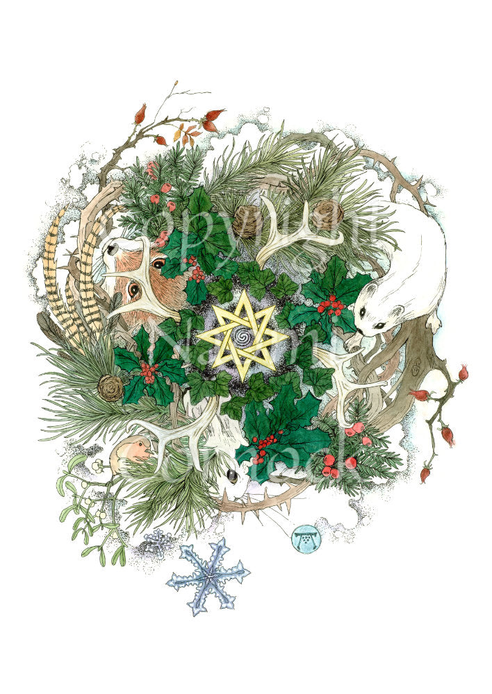 A central eight-pointed star sits within a wreath of ivy. Clusters of berried holly are interspersed with pine fronds and cones, and antlers. A white stoat, white hare, robin and fox appear around the fronds and standing on an outer circle of thorny rose-hipped branches. A single snowflake falls below. Yew and mistletoe also feature.