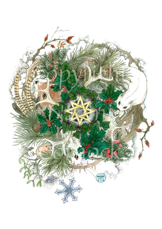 A central eight-pointed star sits within a wreath of ivy. Clusters of berried holly are interspersed with pine fronds and cones, and antlers. A white stoat, white hare, robin and fox appear around the fronds and standing on an outer circle of thorny rose-hipped branches. A single snowflake falls below. Yew and mistletoe also feature.